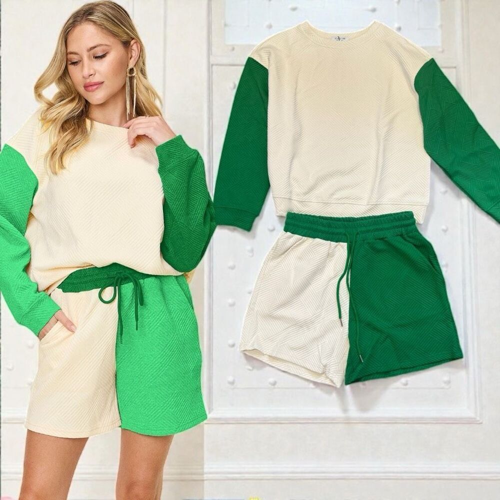 Green Contrast Color Block Long Sleeve Top & Shorts Lounge Set XXL NWT